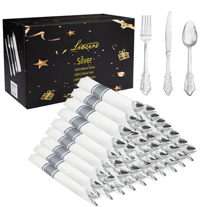 Pre-Rolled Blue Plastic Cutlery with Napkins, 100 Pack
