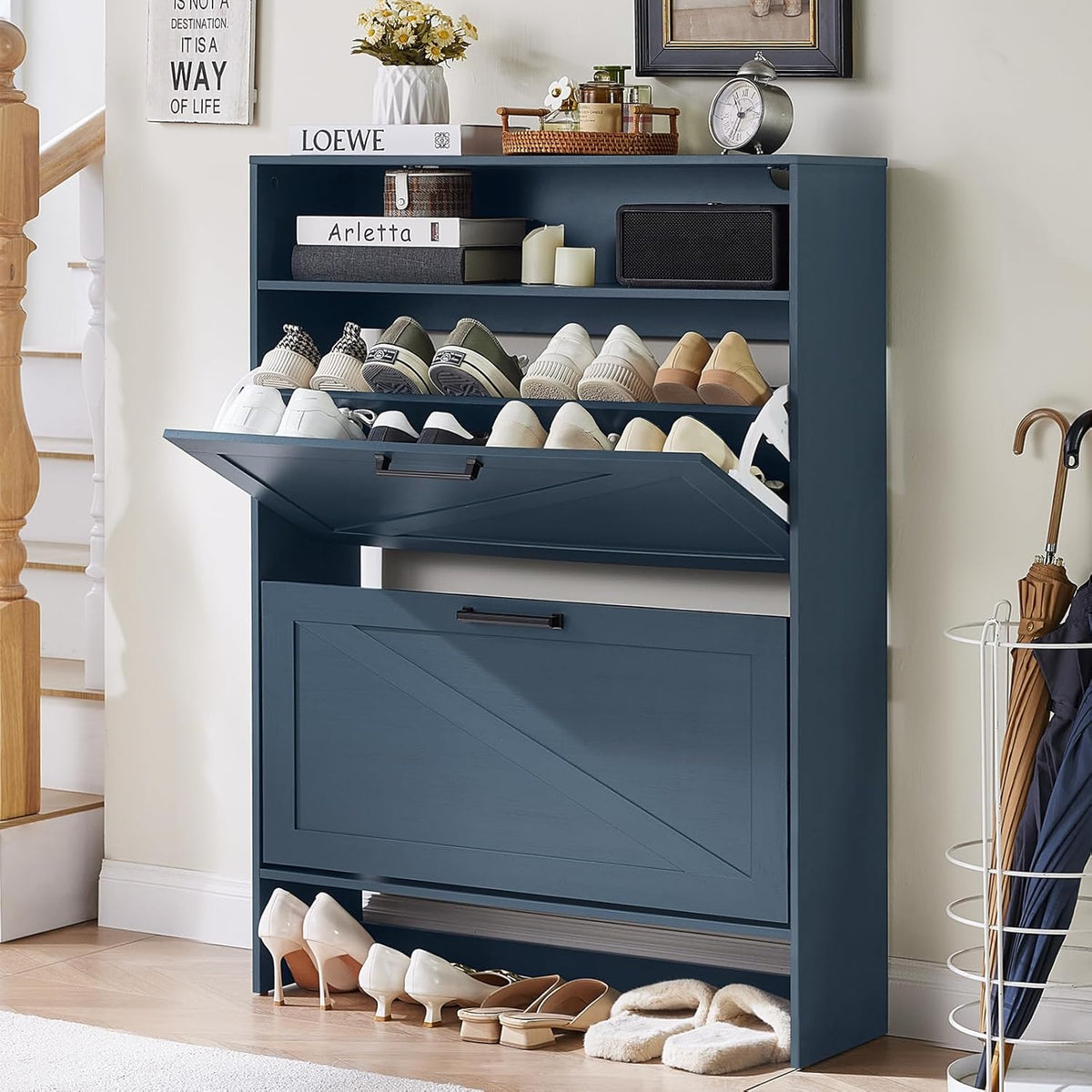 Blue Narrow Shoe Cabinet with 2 Flip Drawers