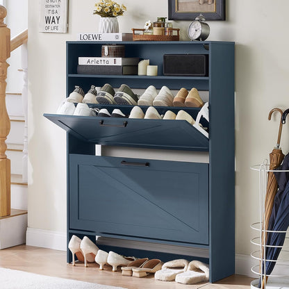 Blue Narrow Shoe Cabinet with 2 Flip Drawers