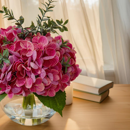 Blue Faux Hydrangea Arrangement in Glass Vase