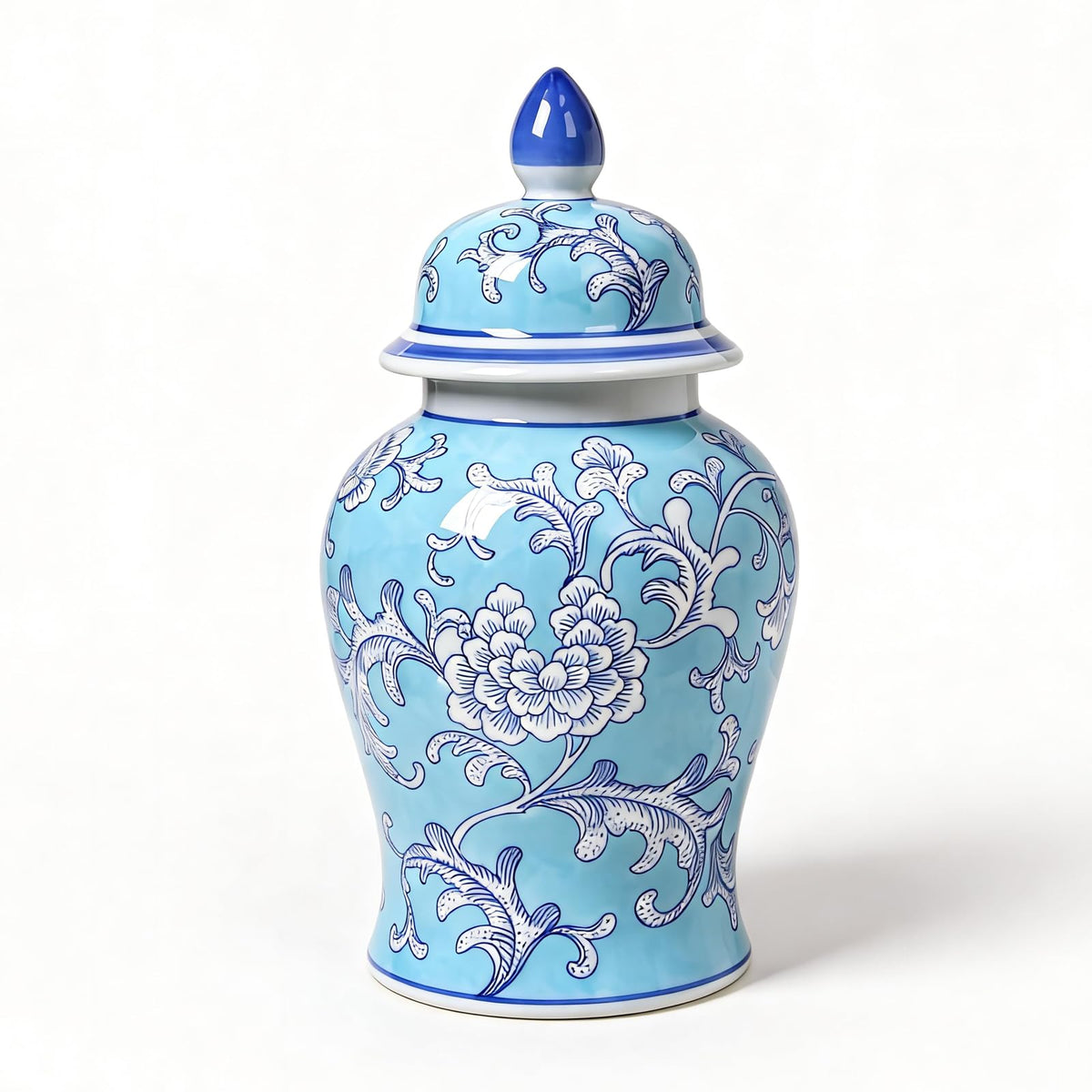 Blue and White Ginger Jar with Gold Trim, 14 Inch