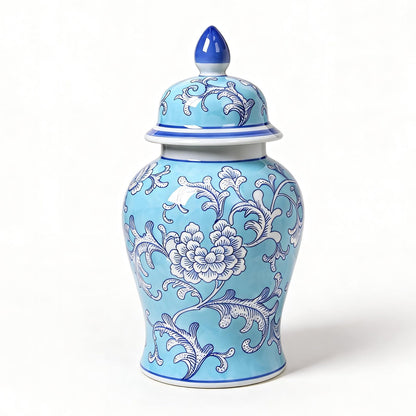 Blue and White Ginger Jar with Gold Trim, 14 Inch