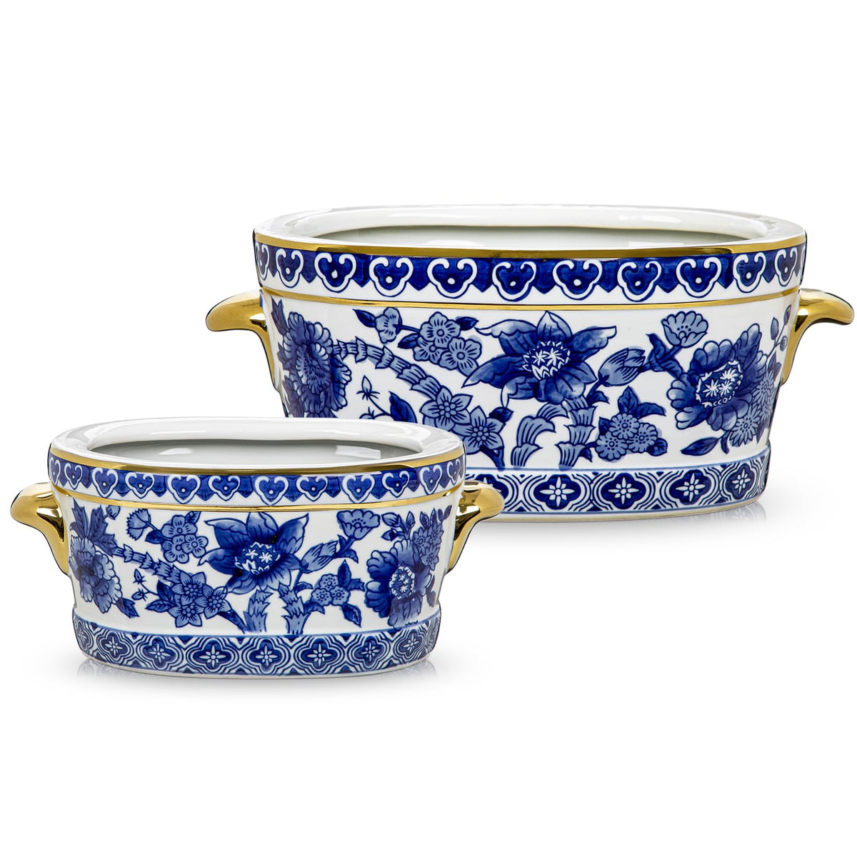Blue Floral Oval Ceramic Cachepot, 10.6 in