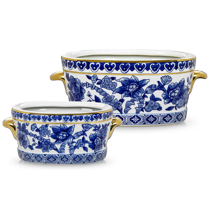 Blue Floral Oval Ceramic Cachepot, 10.6 in
