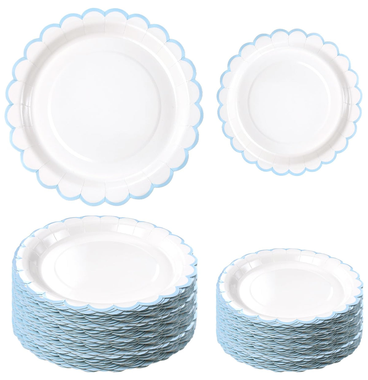 White Scalloped Paper Plates, Royal Blue Trim, 50 Pack