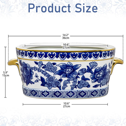 Blue Floral Oval Ceramic Cachepot, 10.6 in