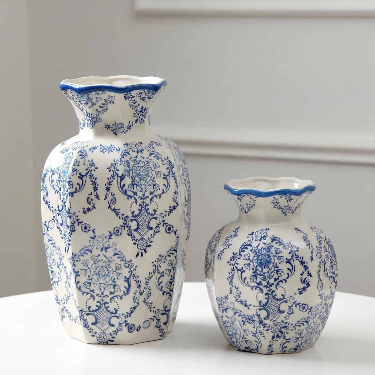 Set of 2 Blue and White Chinoiserie Vases