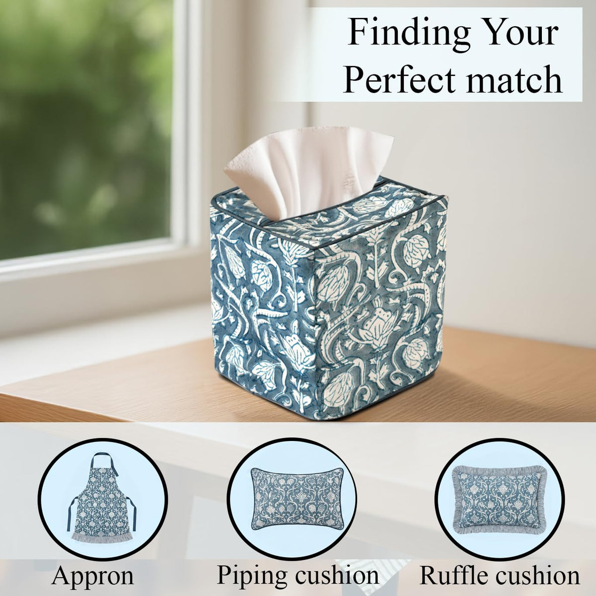 Block Print Cotton Tissue Box Cover, Apatite Blue