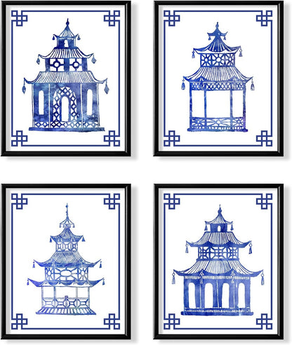 Blue and White Chinoiserie Pavilion Prints, Set of 4