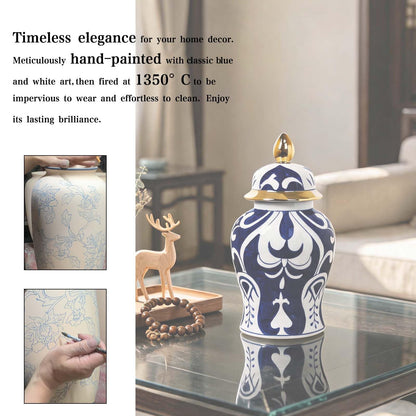 Blue and White Ginger Jar with Gold Trim, 14 Inch