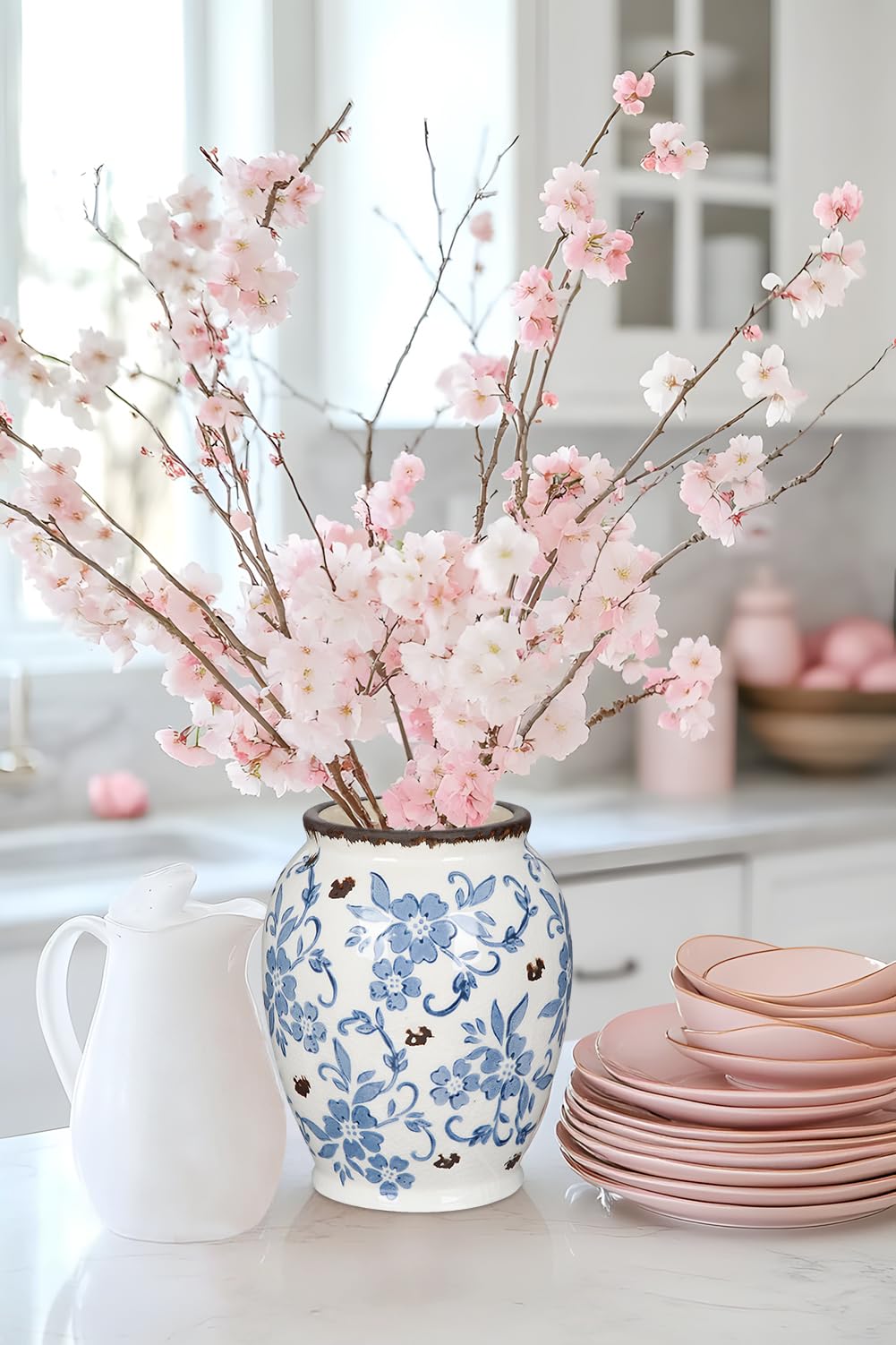 Hollyone Blue and White Chinoiserie Bottle Vase, 7 Inch