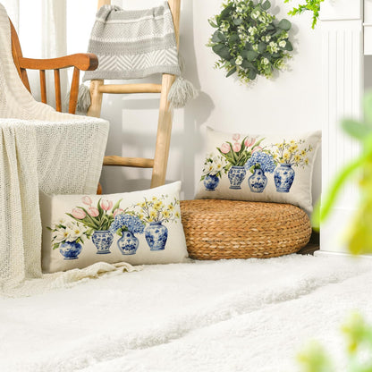 Chinoiserie Vase Lumbar Pillow Cover, 12 x 20 Inch