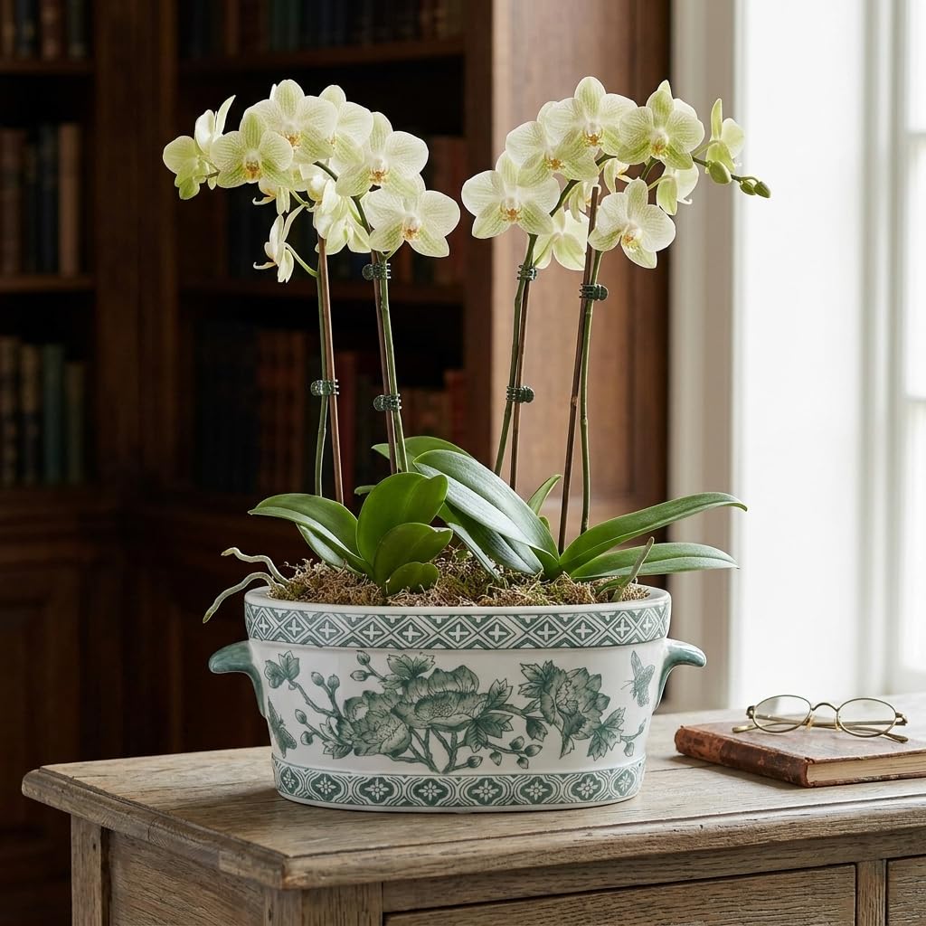 Blue Floral Oval Ceramic Cachepot, 10.6 in