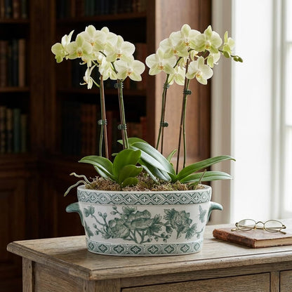 Blue Floral Oval Ceramic Cachepot, 10.6 in