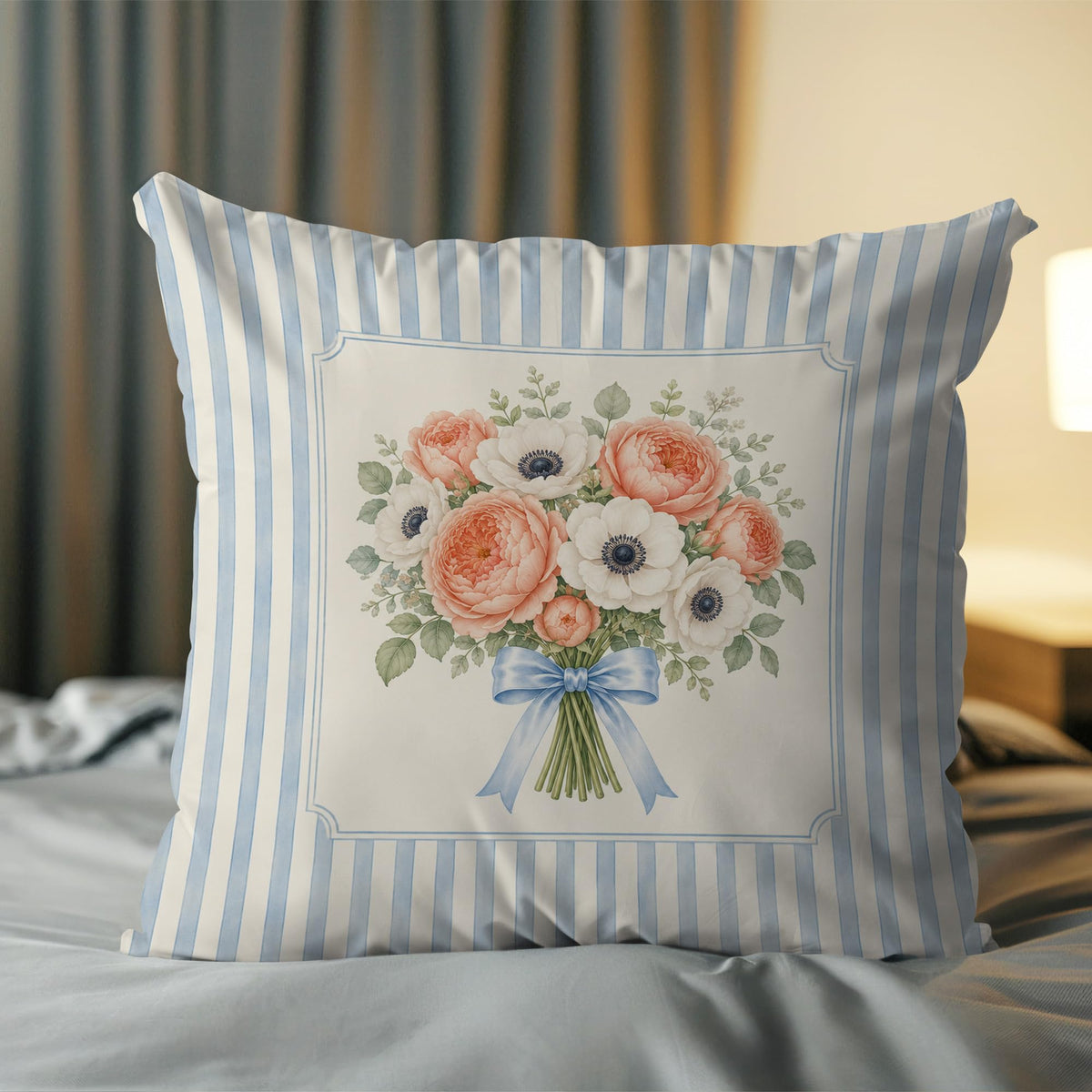 Blue Chinoiserie Bird and Peony Pillow Cover, 18x18
