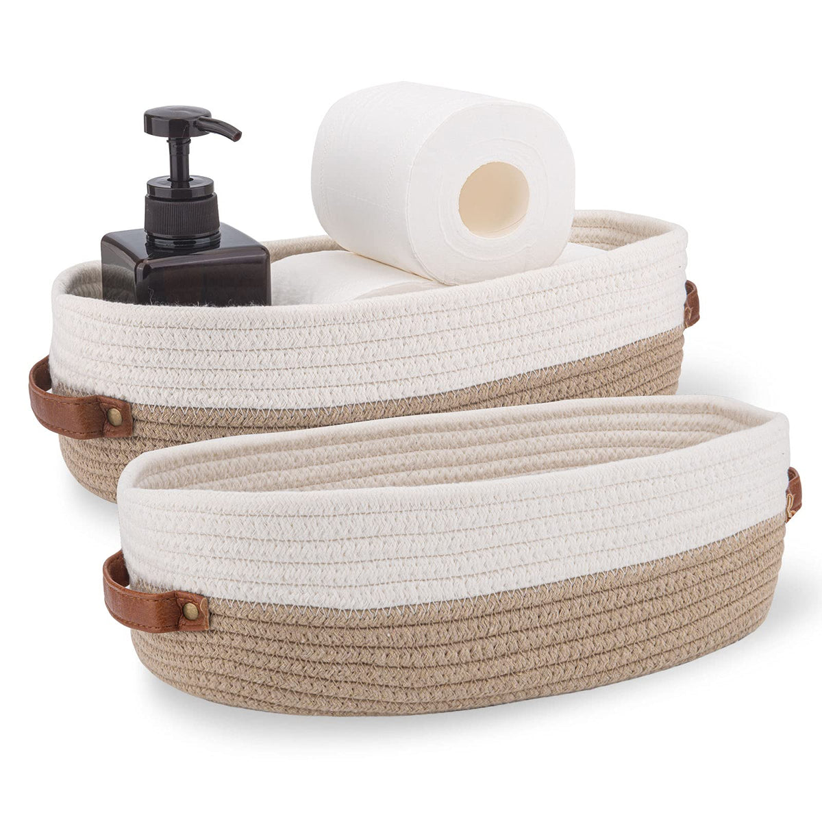 Woven Cotton Rope Toilet Tank Basket, Navy and White
