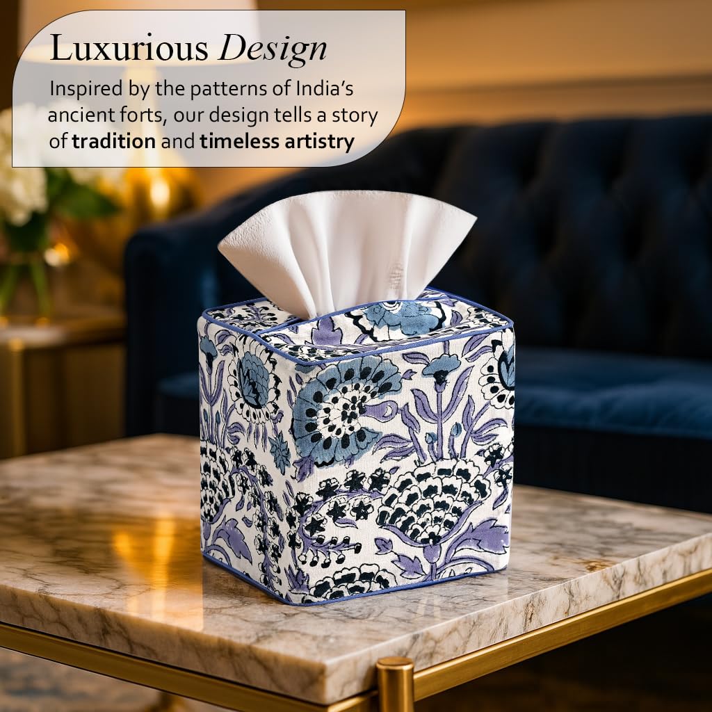 Block Print Cotton Tissue Box Cover, Apatite Blue