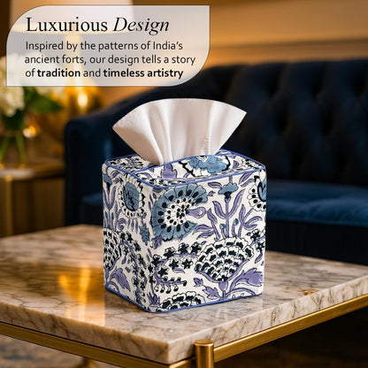 Block Print Cotton Tissue Box Cover, Apatite Blue