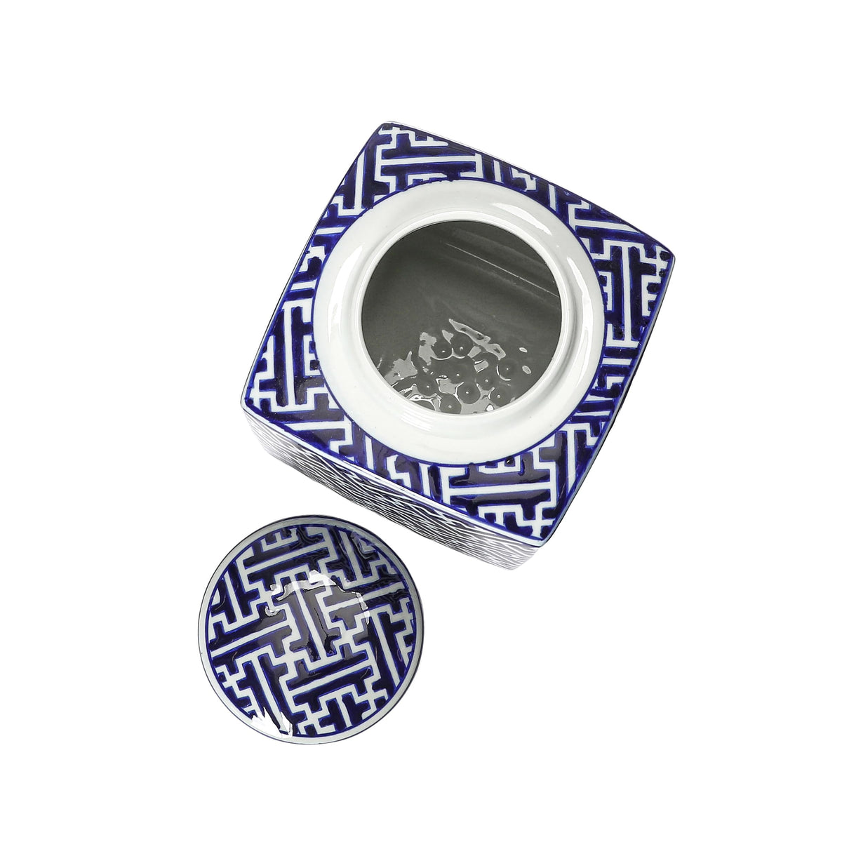 Square Ceramic Ginger Jar with Lid, Blue and White