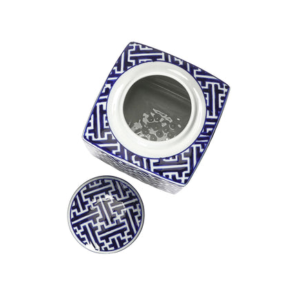 Square Ceramic Ginger Jar with Lid, Blue and White