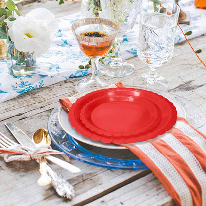 White Scalloped Paper Plates, Royal Blue Trim, 50 Pack