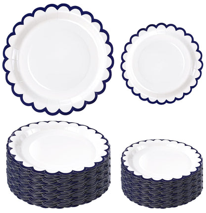 White Scalloped Paper Plates, Royal Blue Trim, 50 Pack