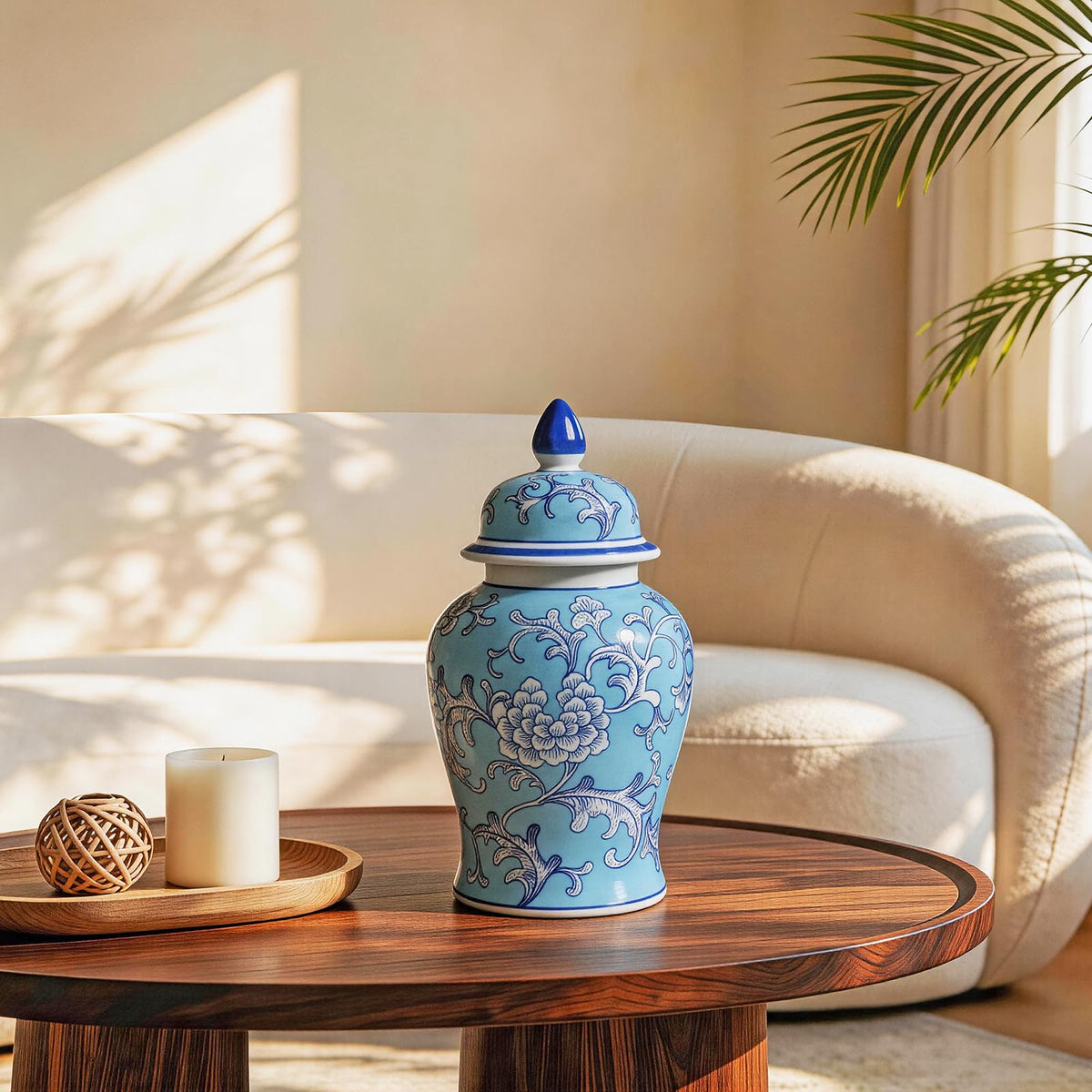 Blue and White Ginger Jar with Gold Trim, 14 Inch