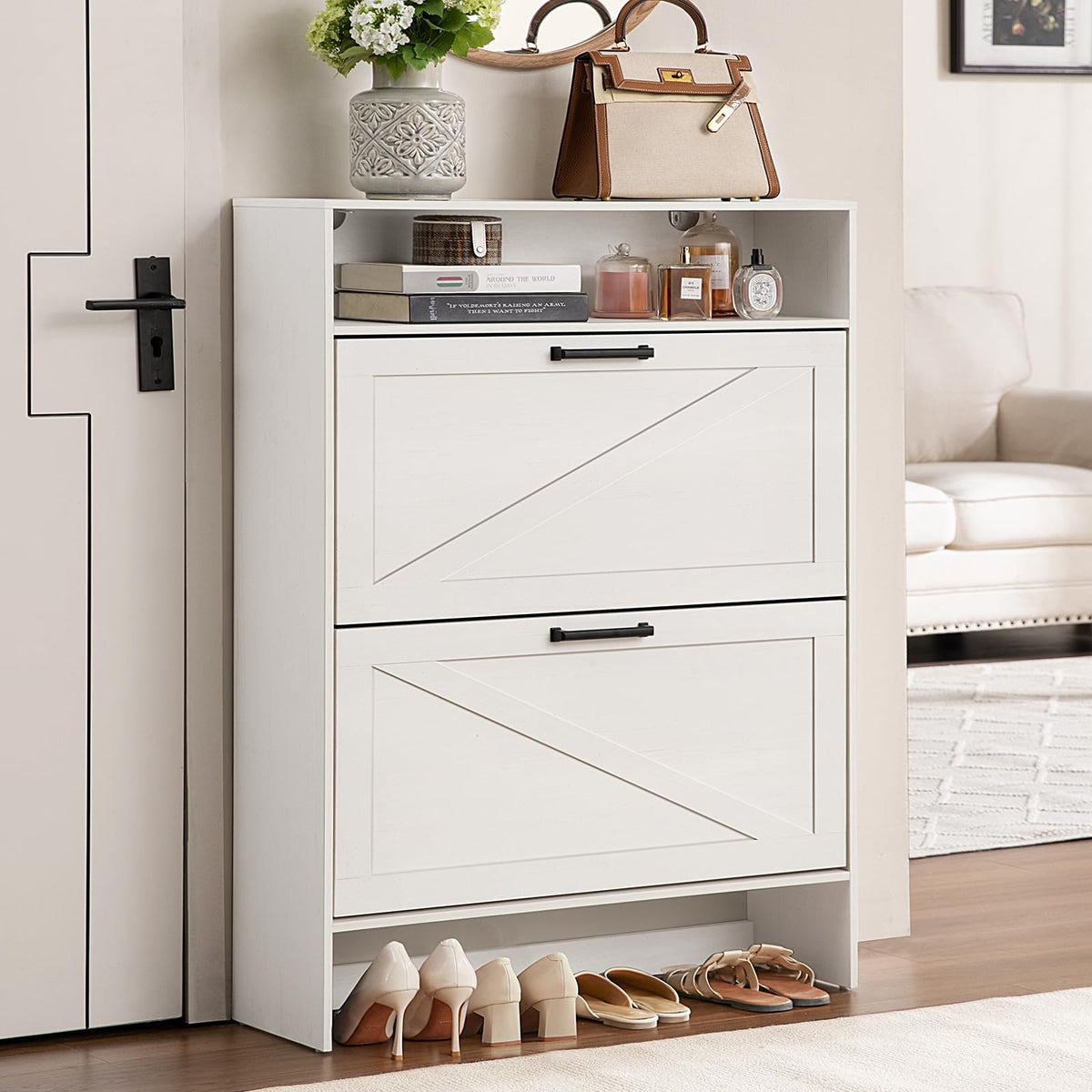 Blue Narrow Shoe Cabinet with 2 Flip Drawers