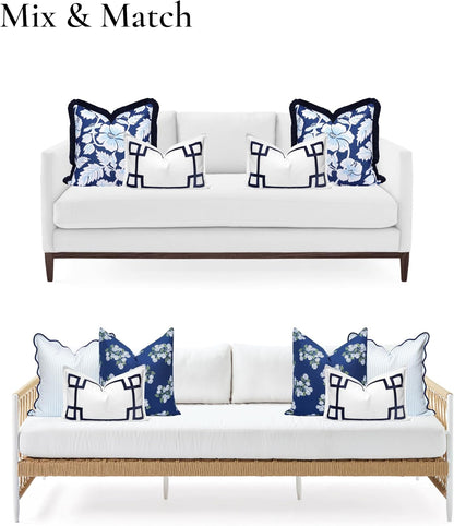 Navy Greek Key Outdoor Lumbar Pillow Cover, 12x20