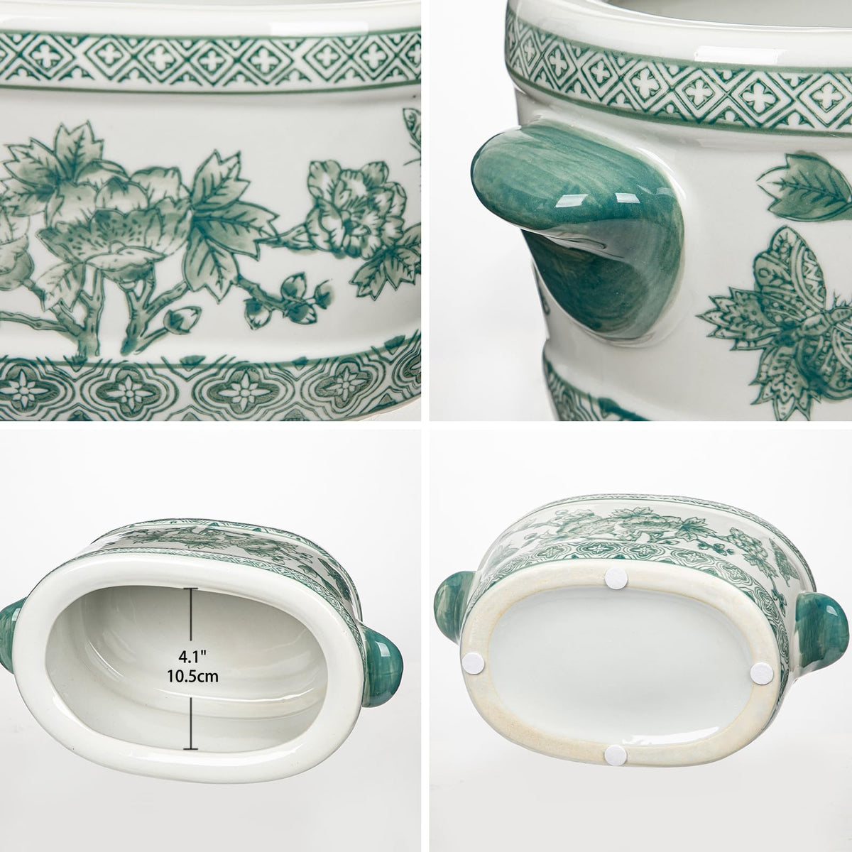Blue Floral Oval Ceramic Cachepot, 10.6 in