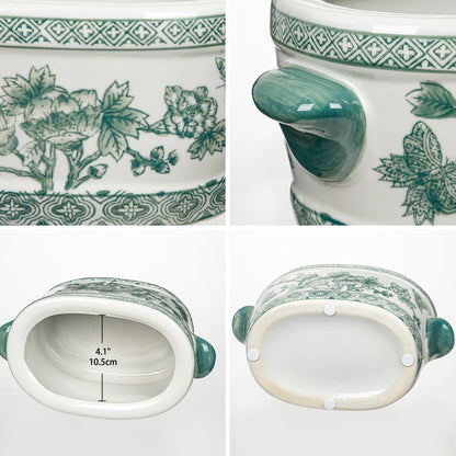 Blue Floral Oval Ceramic Cachepot, 10.6 in