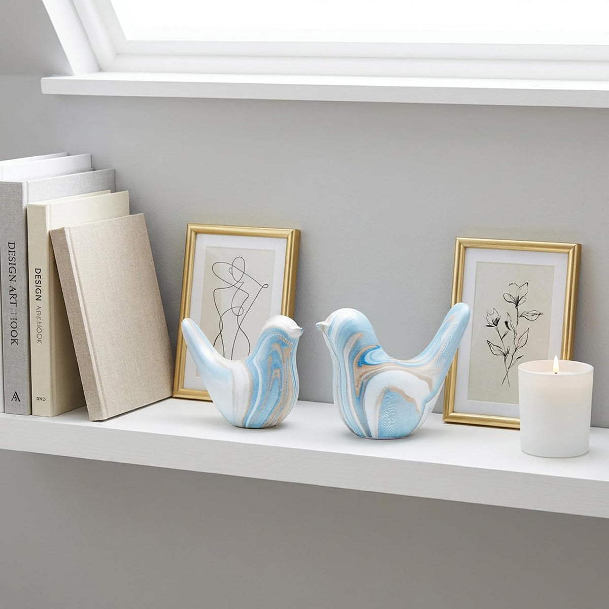 Blue and White Ceramic Bird Figurines, Set of 2