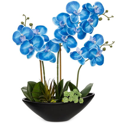 Briful Faux Orchid in Blue and White Boat Vase