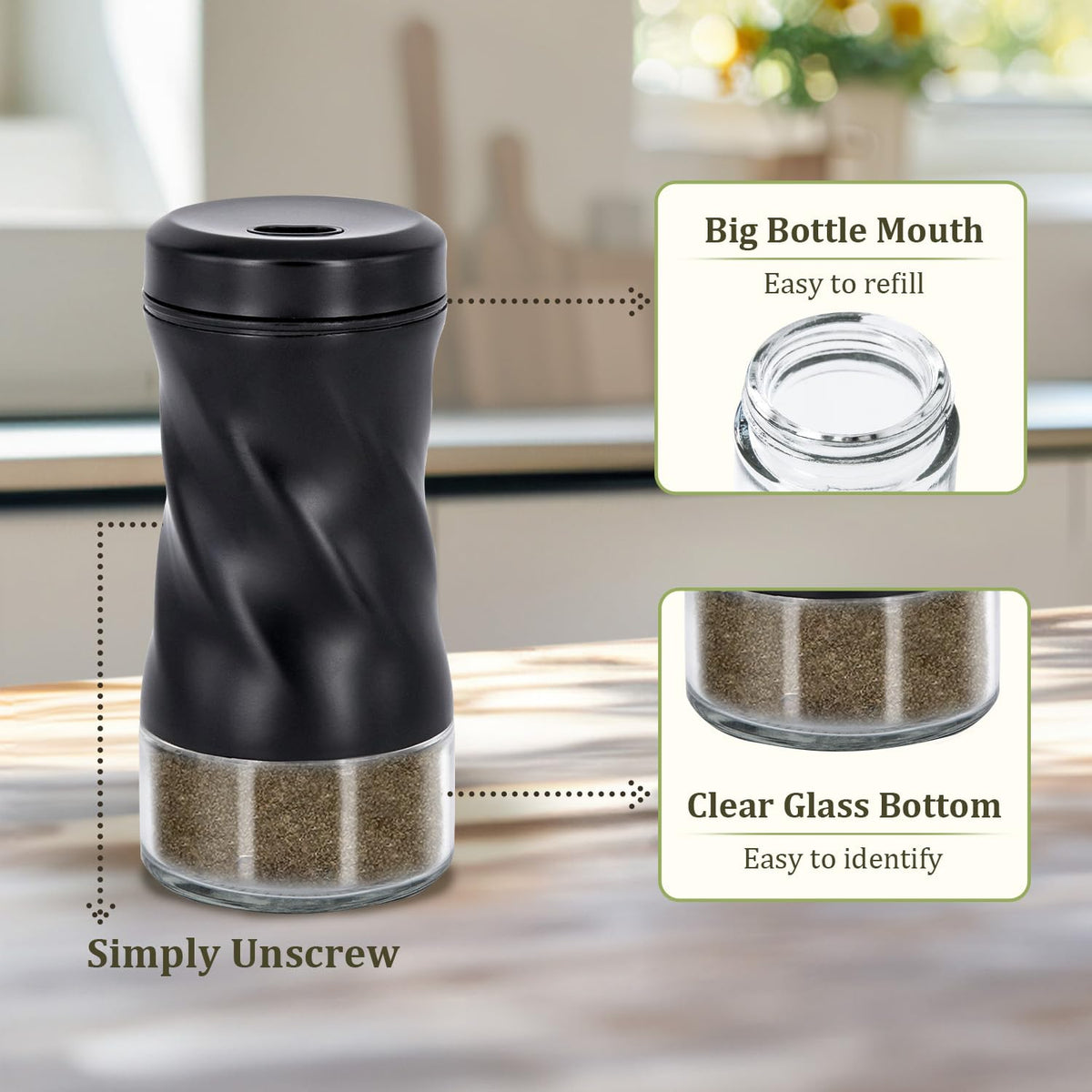Glass Salt and Pepper Shakers, Adjustable, 4 oz, Set of 2