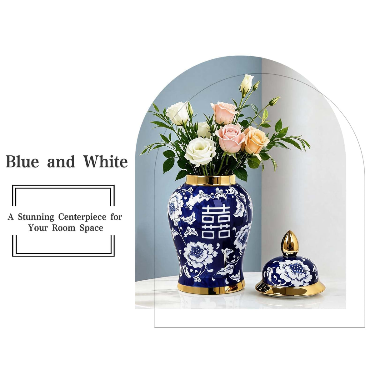 Blue and White Ginger Jar with Gold Trim, 14 Inch
