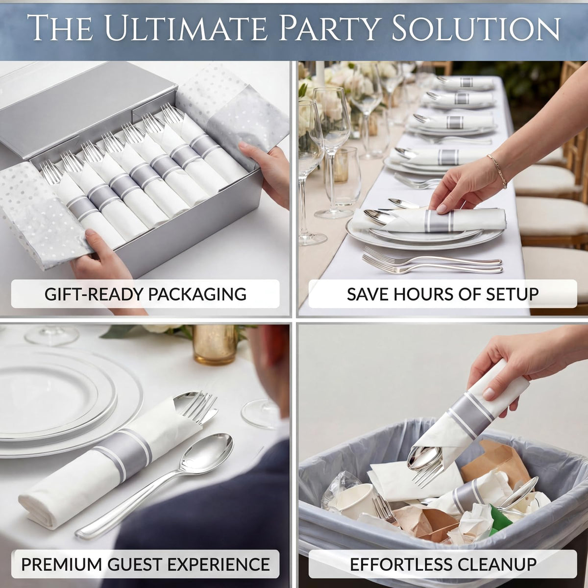 Pre-Rolled Blue Plastic Cutlery with Napkins, 100 Pack