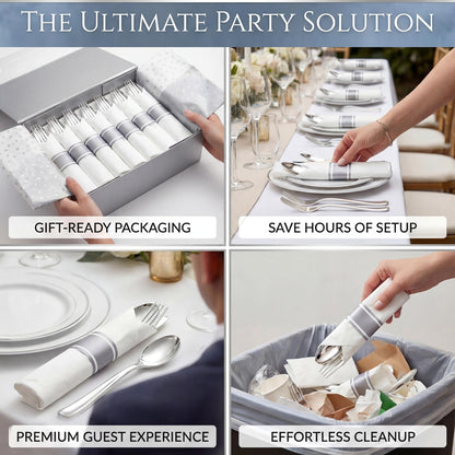 Pre-Rolled Blue Plastic Cutlery with Napkins, 100 Pack