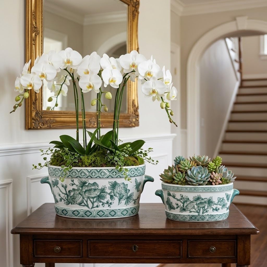 Blue Floral Oval Ceramic Cachepot, 10.6 in