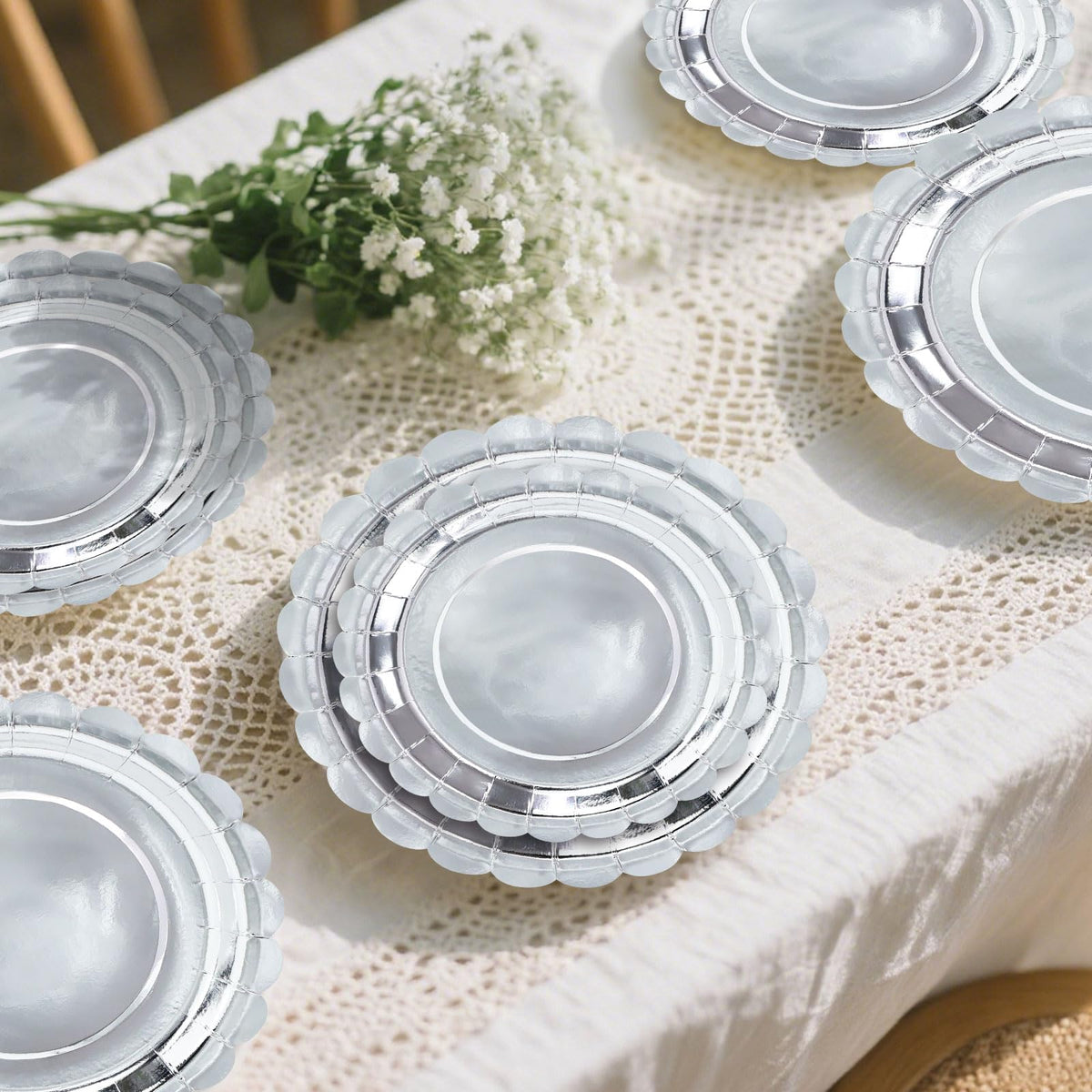White Scalloped Paper Plates, Royal Blue Trim, 50 Pack