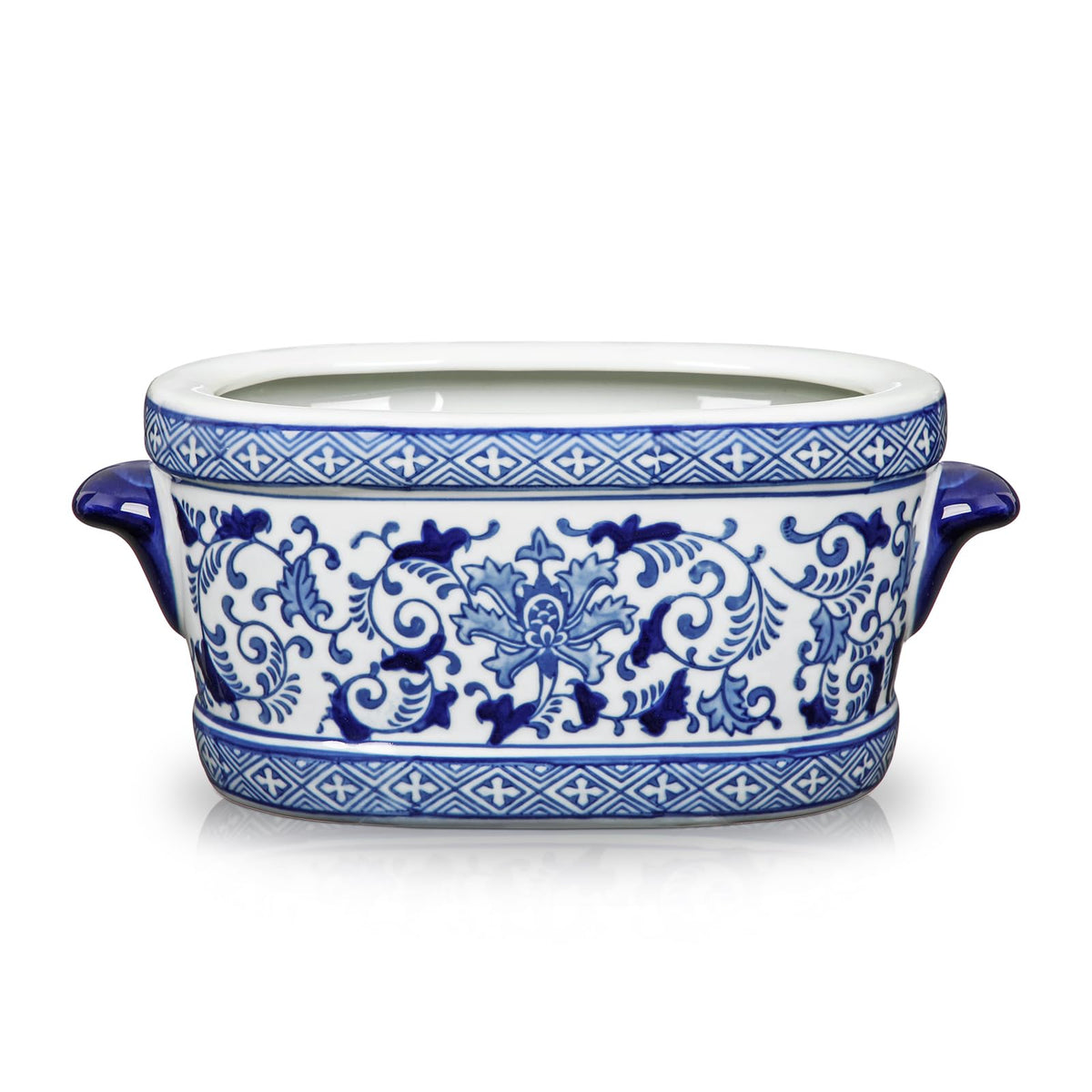 Blue Floral Oval Ceramic Cachepot, 10.6 in