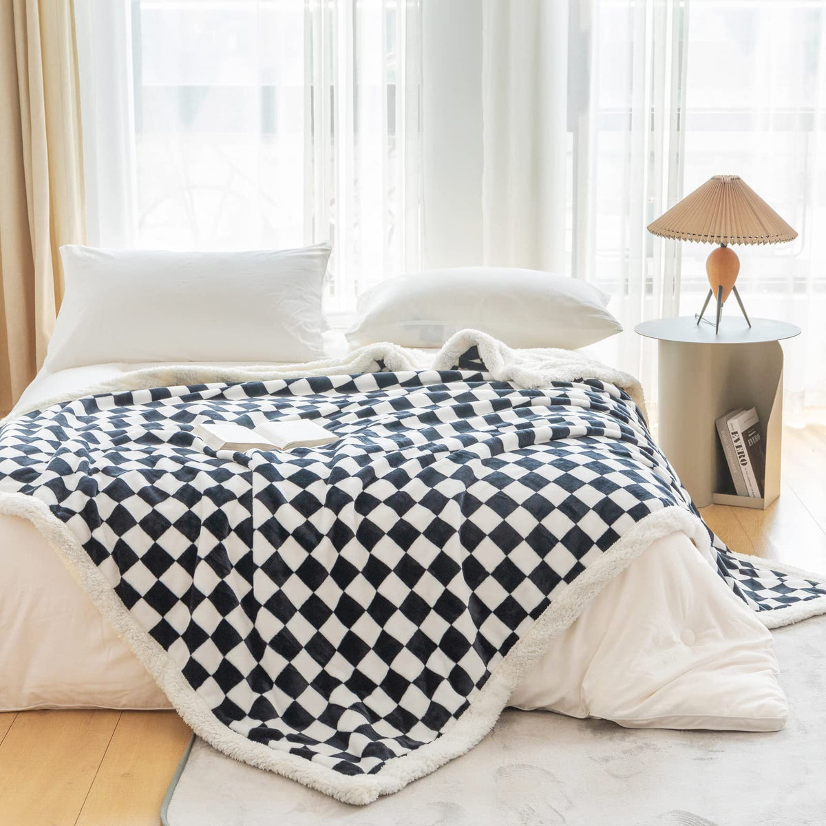 Navy Checkered Sherpa Throw Blanket