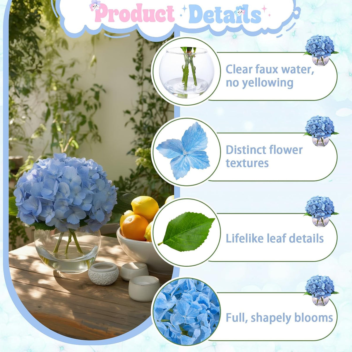 Blue Faux Hydrangea Arrangement in Glass Vase