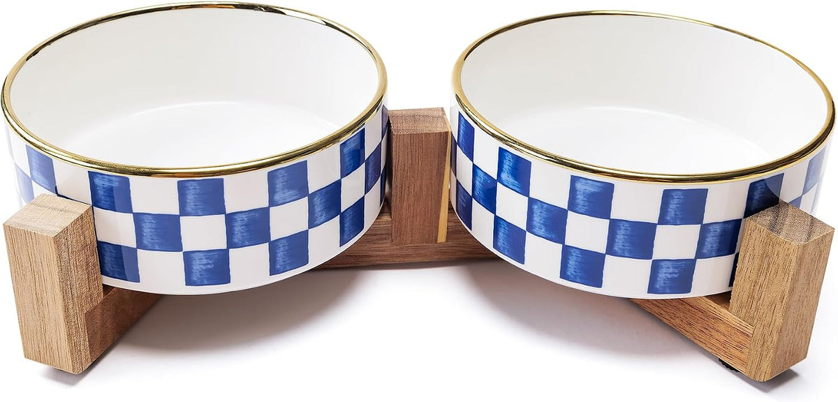 Blue and White Checkered Ceramic Dog Bowls