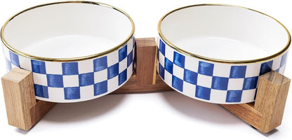 Blue and White Checkered Ceramic Dog Bowls