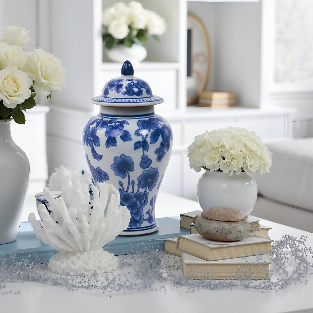 Blue and White Ginger Jar with Lid, 11 Inch