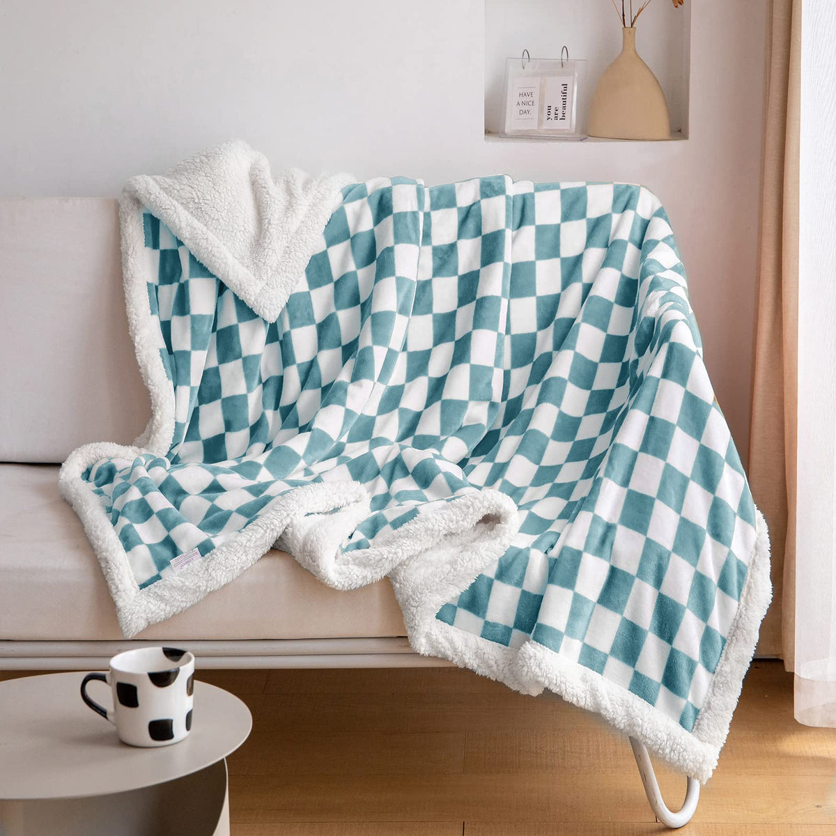 Navy Checkered Sherpa Throw Blanket
