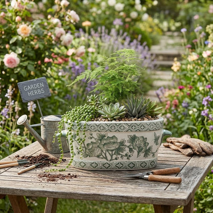 Blue Floral Oval Ceramic Cachepot, 10.6 in