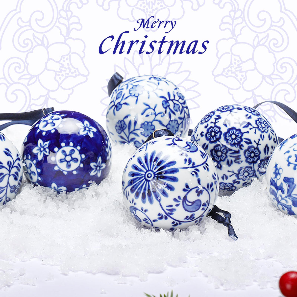 Blue and White Porcelain Christmas Balls, Set of 6 or 12