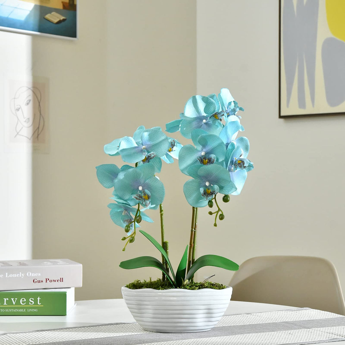 Faux Orchid in Navy Ribbed Ceramic Pot