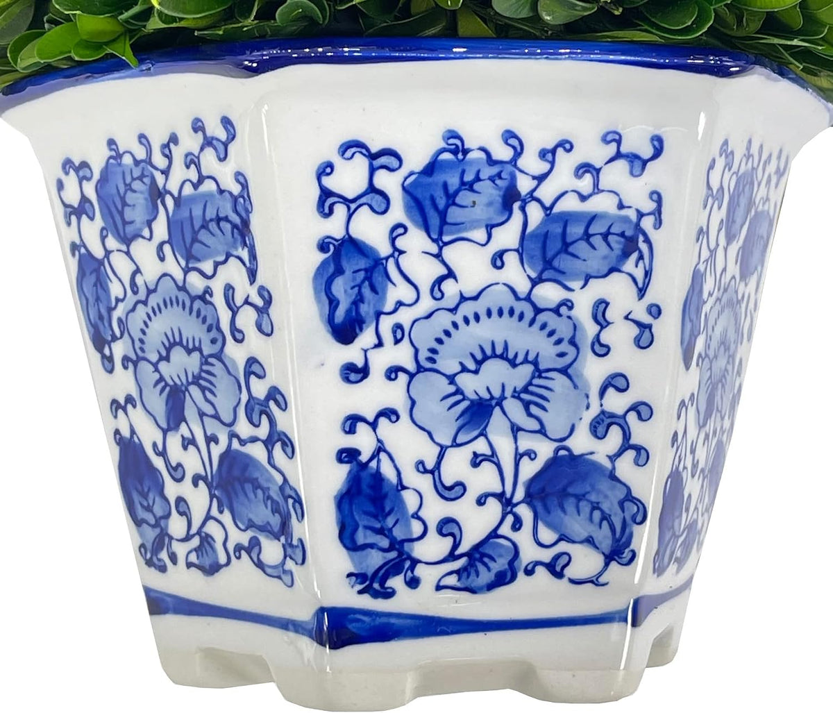 Preserved Boxwood Ball in Blue and White Pot